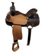 A dark brown and tan leather western saddle with a textured leather seat, decorative stitching, and silver conchos, 