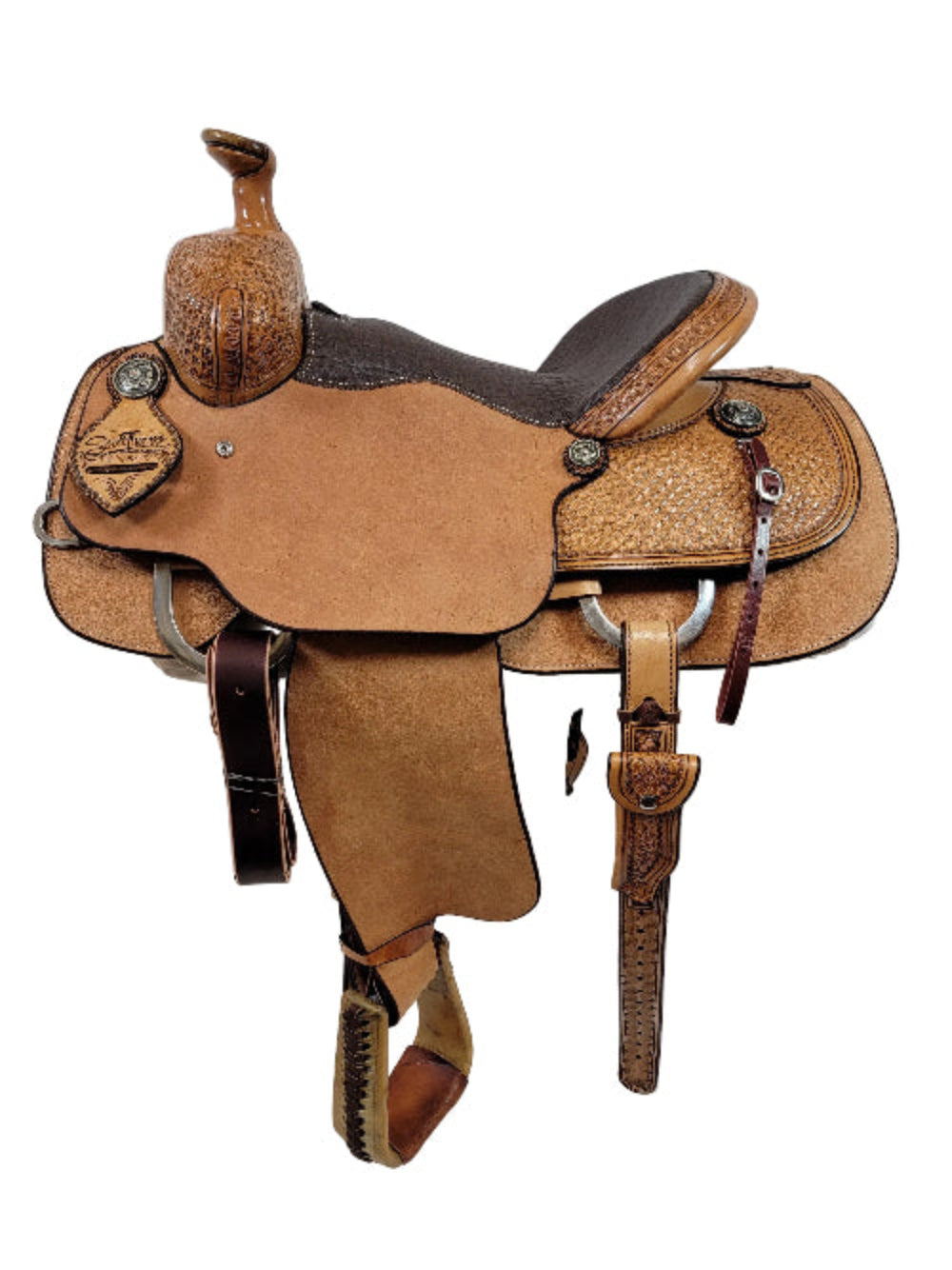 Brown leather saddle waffle tooling quarter breed  full faux elephant seat