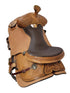 Brown leather horse saddle with intricate designs on a white background