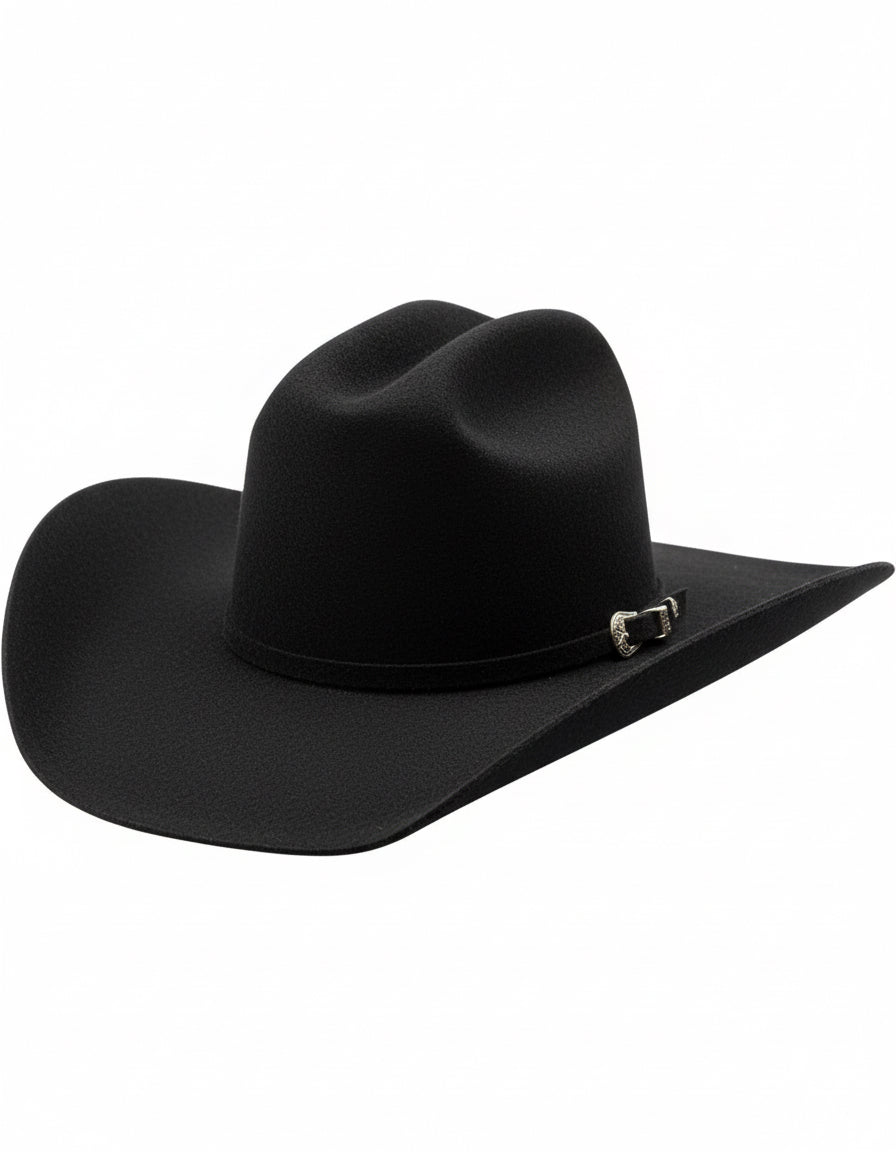A black Serratelli cowboy hat with a 6X fur felt construction, a 4 3/8 inch crown, and a 4 1/4 inch brim, featuring a leather sweatband and a three-piece self band buckle set.