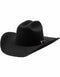 A black Serratelli cowboy hat with a 6X fur felt construction, a 4 3/8 inch crown, and a 4 1/4 inch brim, featuring a leather sweatband and a three-piece self band buckle set.