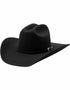 A black Serratelli cowboy hat with a 6X fur felt construction, a 4 3/8 inch crown, and a 4 1/4 inch brim, featuring a leather sweatband and a three-piece self band buckle set.
