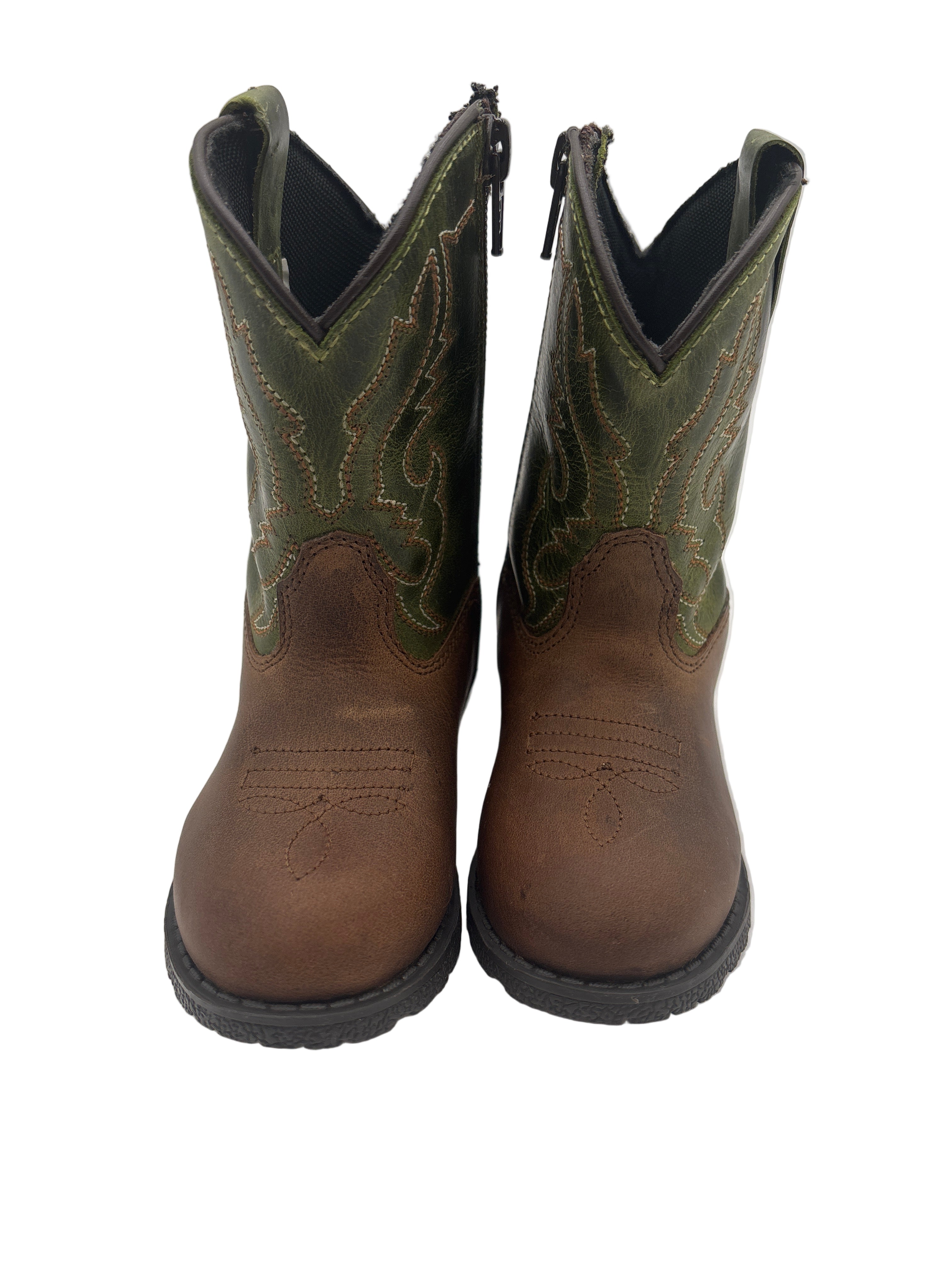 Pair of brown and green cowboy boots 