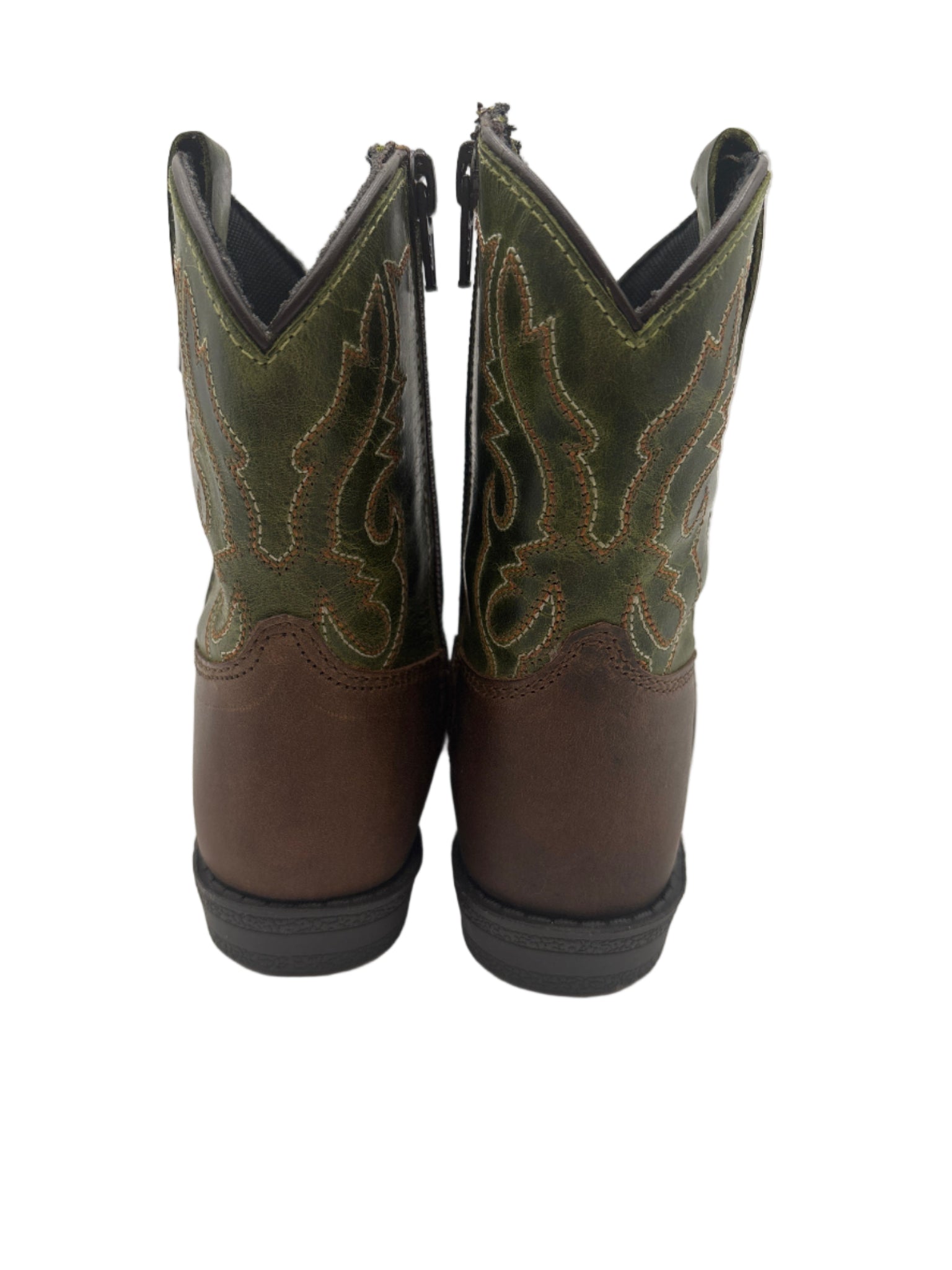 Pair of brown and green cowboy boots 