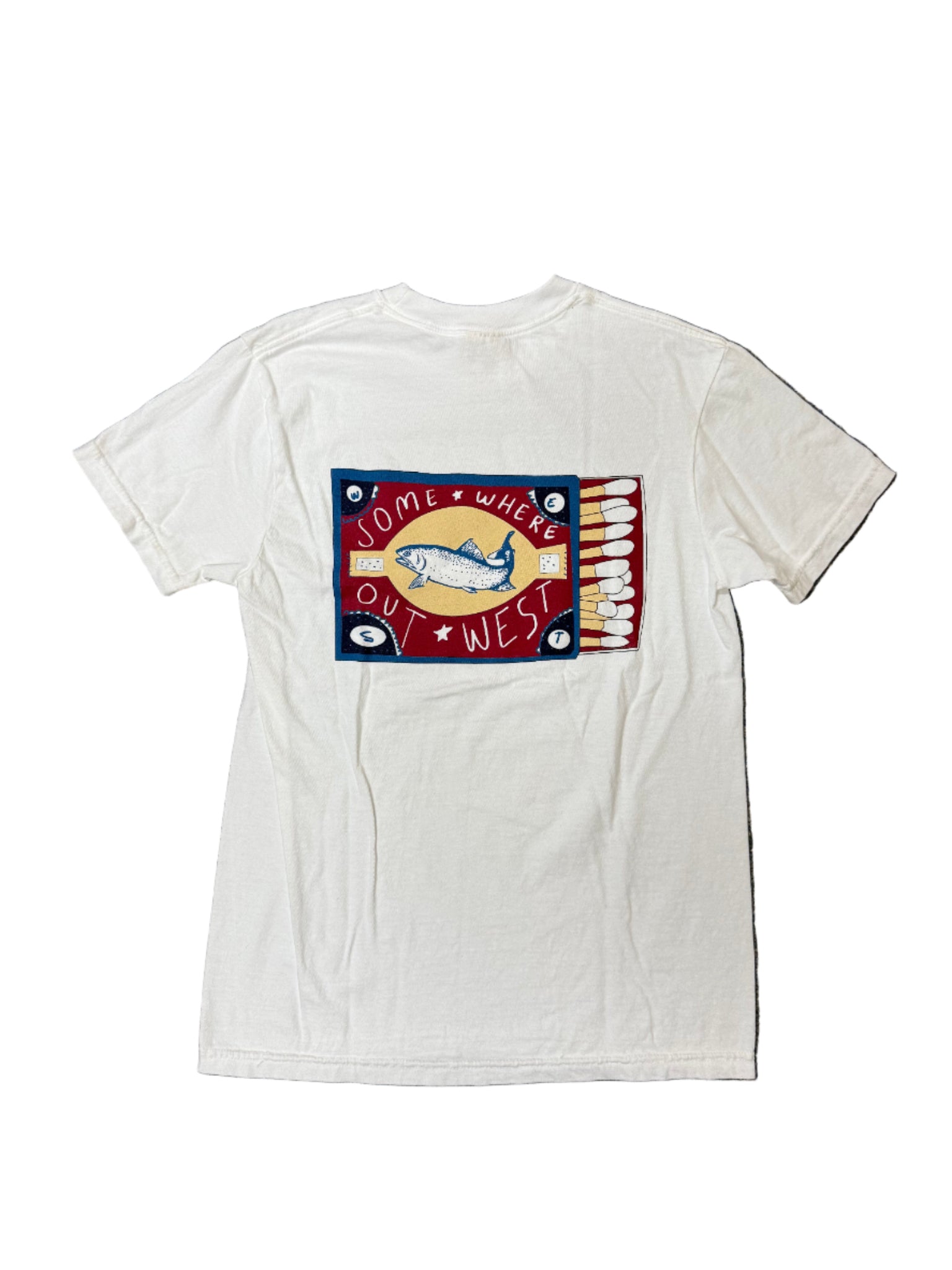 White t-shirt with a colorful graphic design