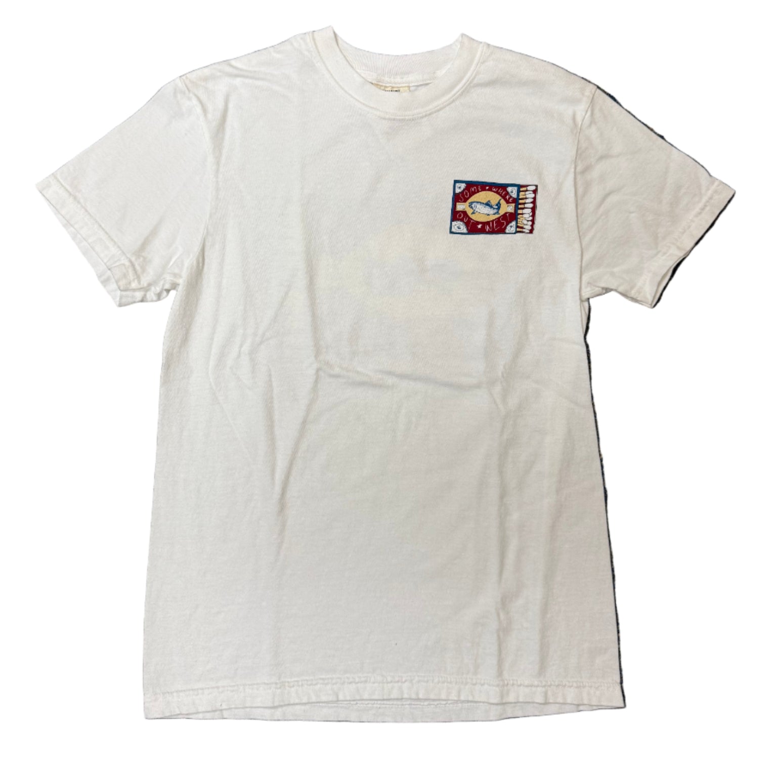 White t-shirt with a small graphic 