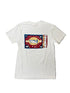 White t-shirt with a colorful graphic design