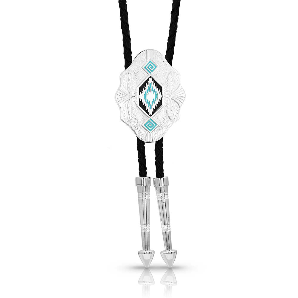 Bolo tie with geometric design on a white background