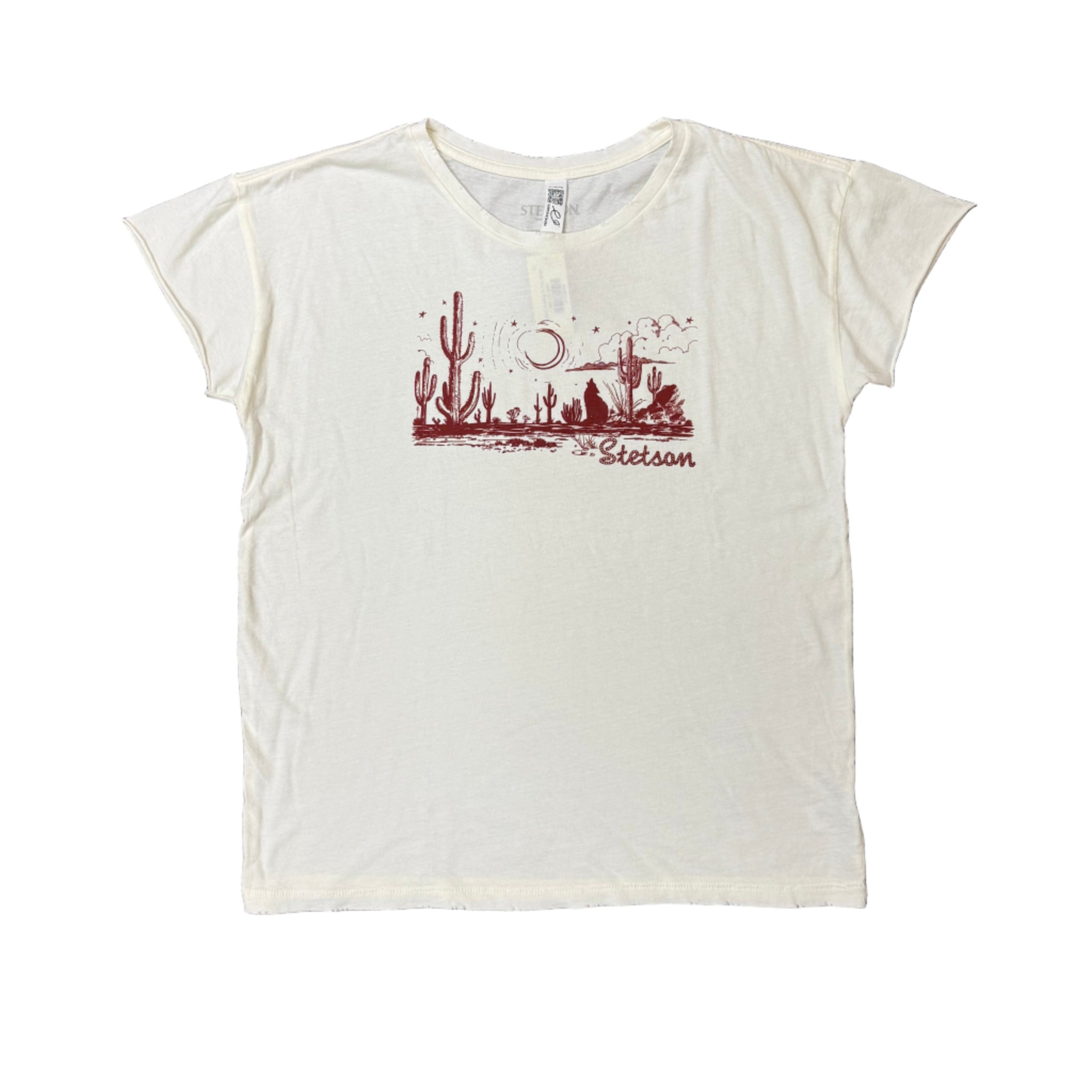 White t-shirt with red graphic design 