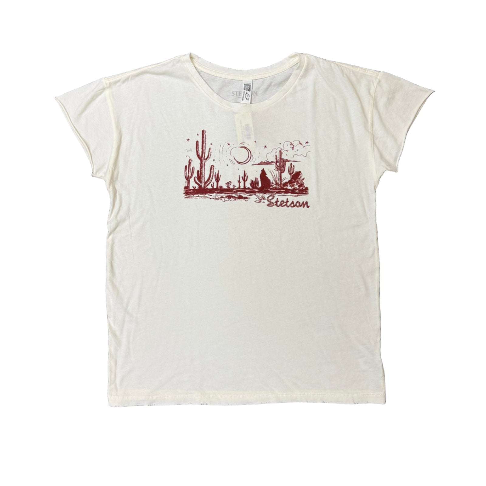 White t-shirt with red graphic design 