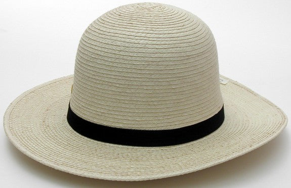 A beige colored SunBody hat with a 4 1/2 inch brim and a 5-1/2 inch crown made from Guatemalan standard palm leaf
