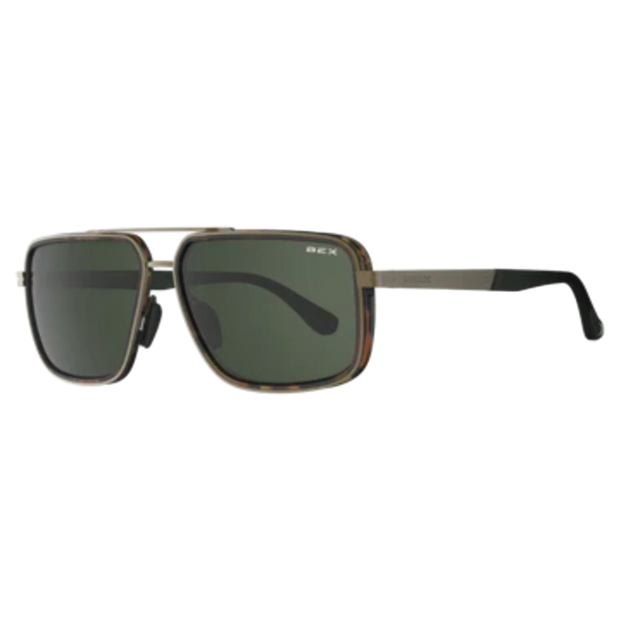 Sunglasses with a metallic frame and dark lenses on a white background