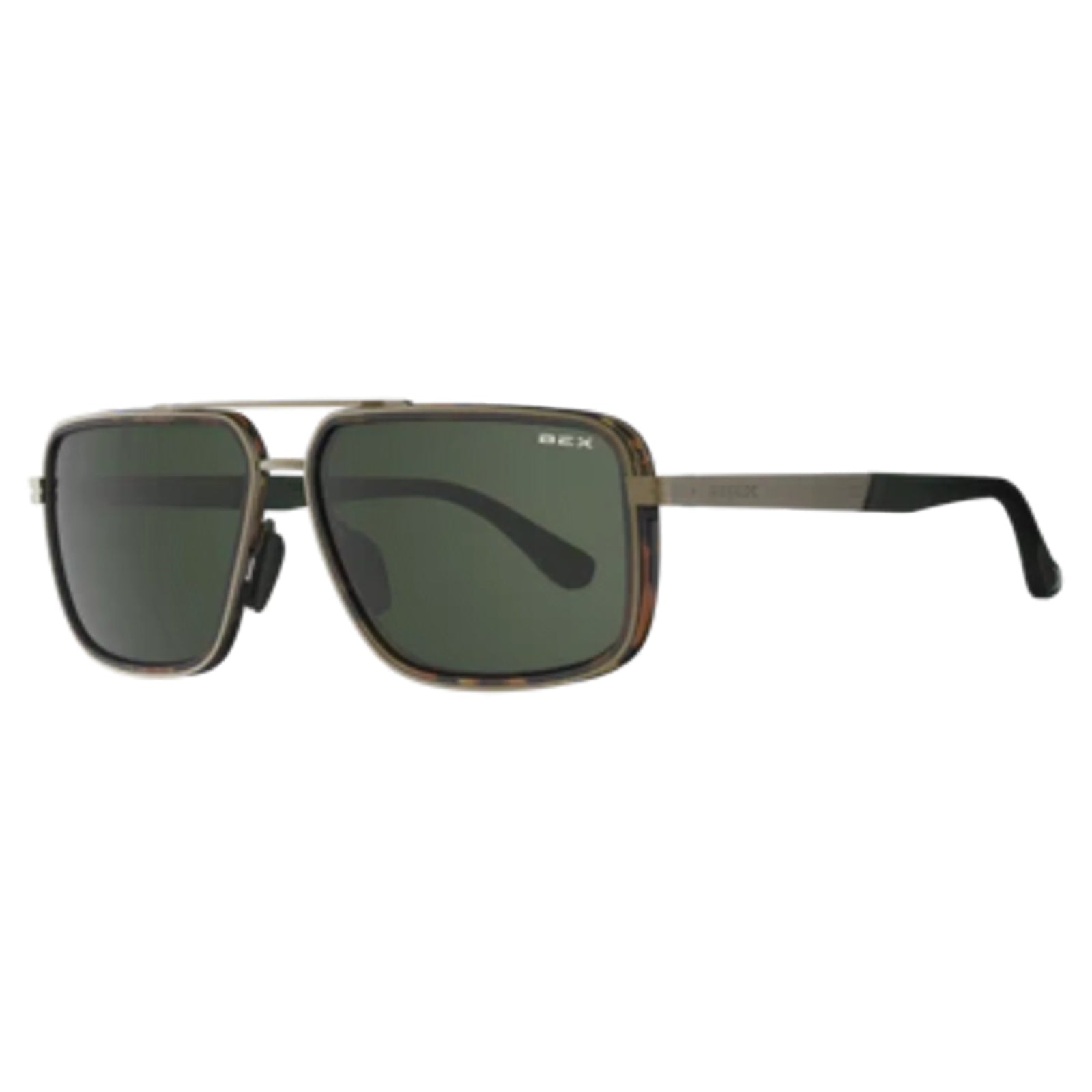 Sunglasses with a metallic frame and dark lenses on a white background
