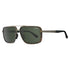 Sunglasses with a metallic frame and dark lenses on a white background