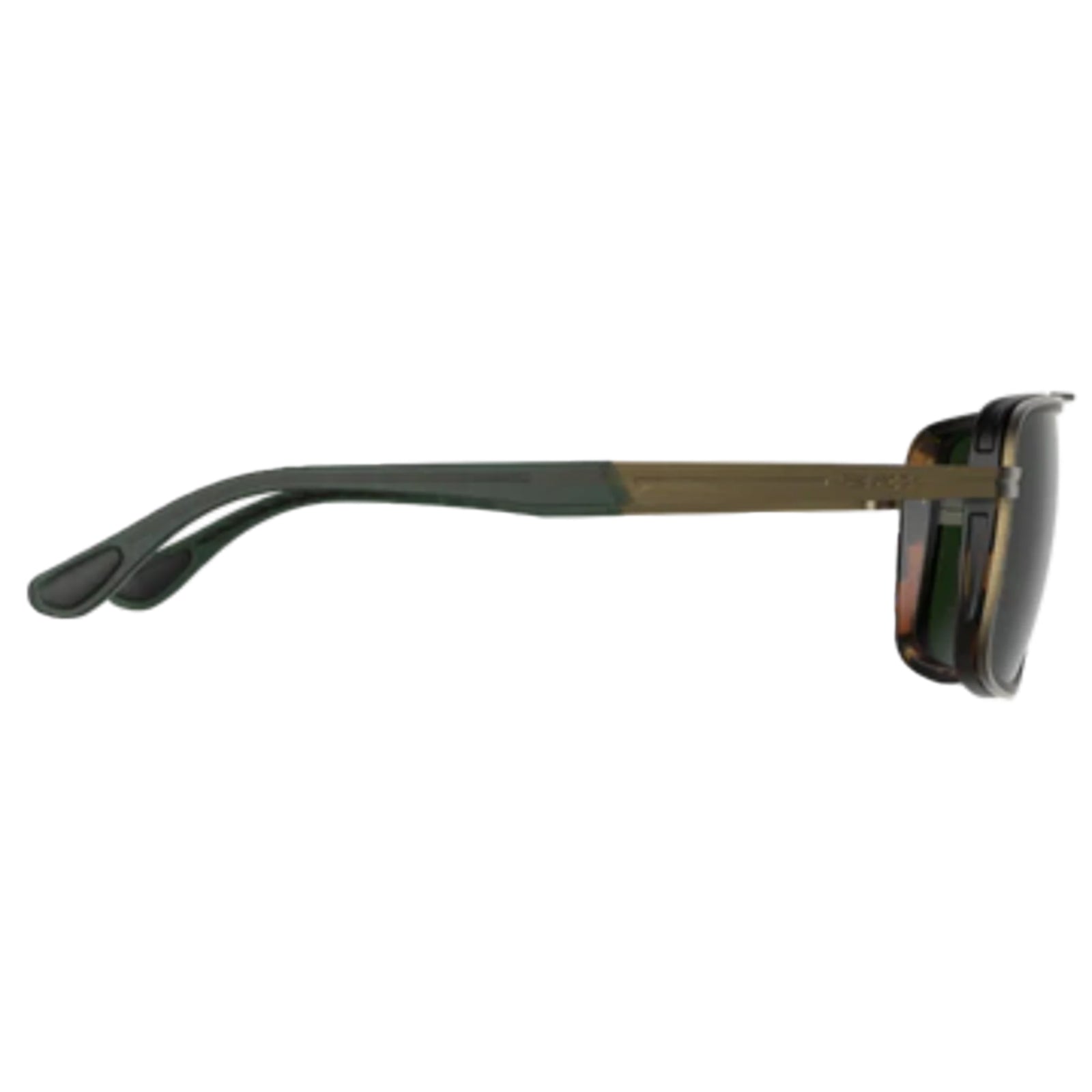 Sunglasses with a bronze/ forest frame and reflective lenses on a white background