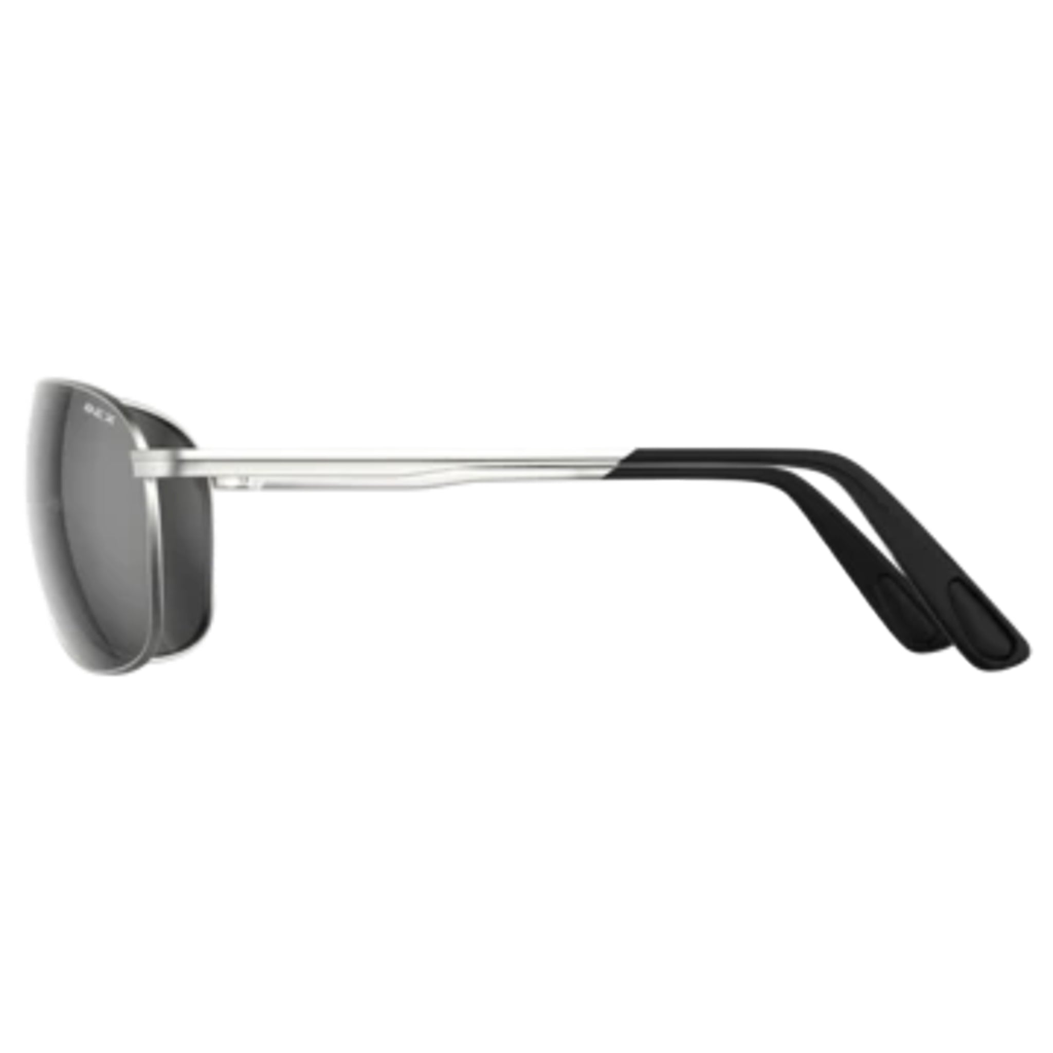 Sunglasses with black frame and gray lenses on a white background