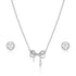 Silver bow necklace and earrings set on a white background