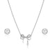 Silver bow necklace and earrings set on a white background