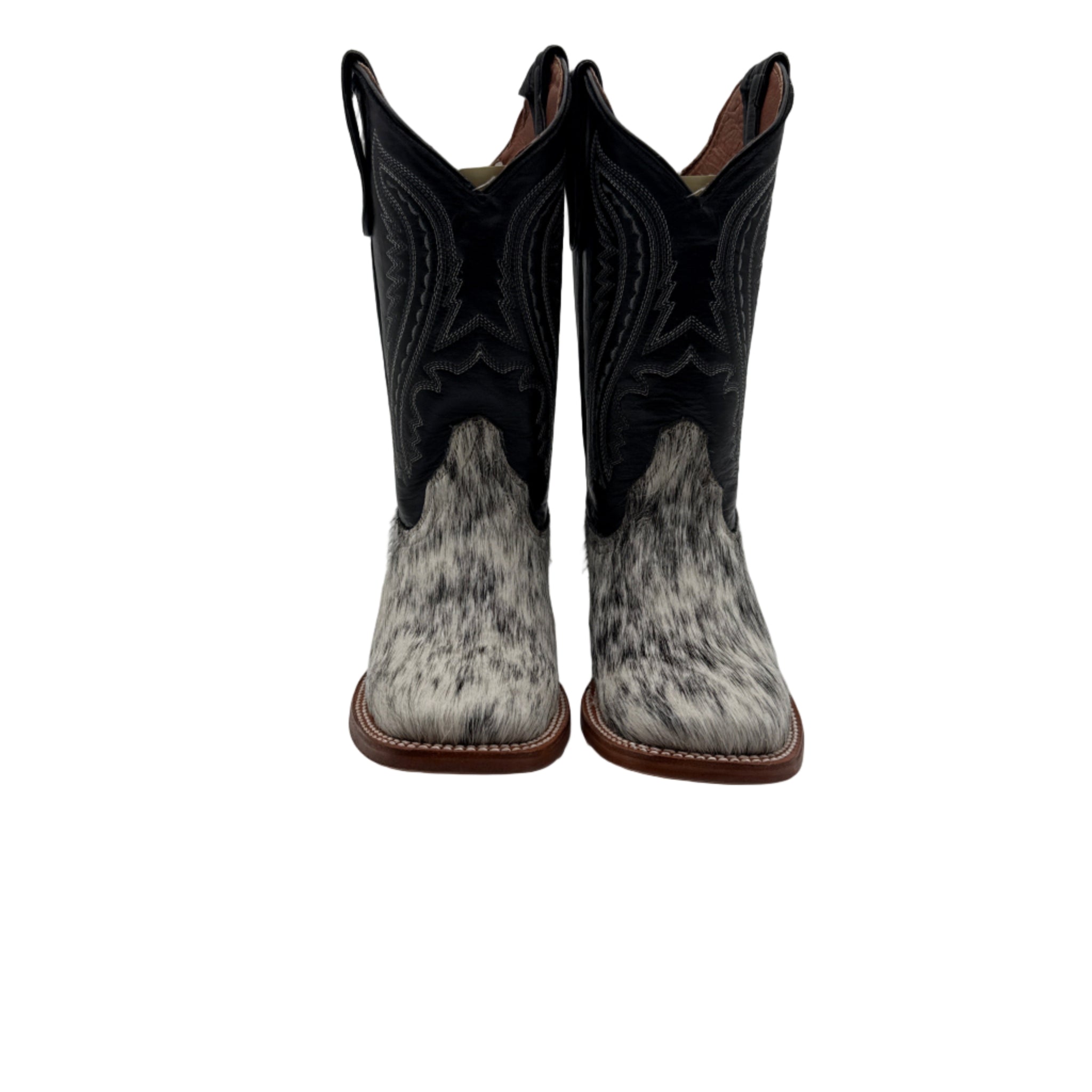 Cowhide cowboy boots with black uppers