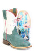 A pair of children's boots with blue diamond patterns on the upper, turquoise suede and a brown sole with a cactus rose design.