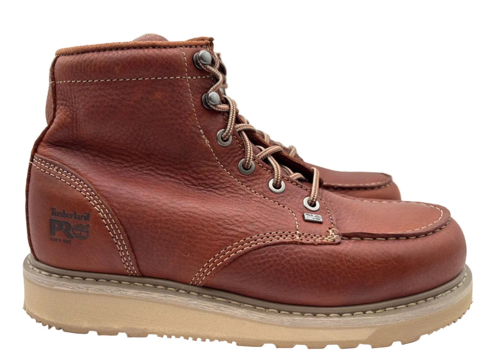 Brown Leather Lace up boots. Tan sole with brown and cream laces 