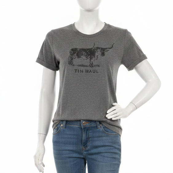 Gray unisex t-shirt with a longhorn cow graphic and 'Tin Haul' text 