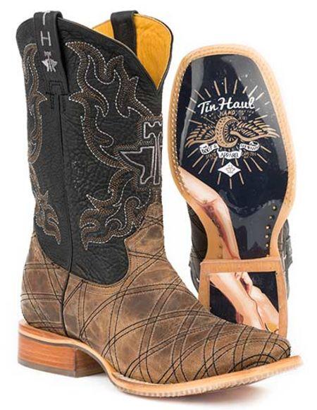Men's Tin Haul pin-up girl boots with a brown stitched vamp and oily black shaft. The boots feature a double welt construction and a broad square toe.