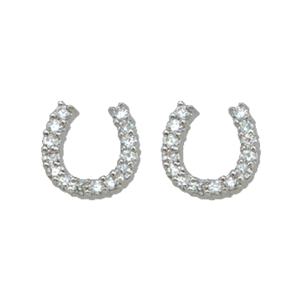 A pair of silver-colored post earrings shaped like horseshoes, adorned with cubic zirconia.