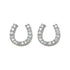 A pair of silver-colored post earrings shaped like horseshoes, adorned with cubic zirconia.