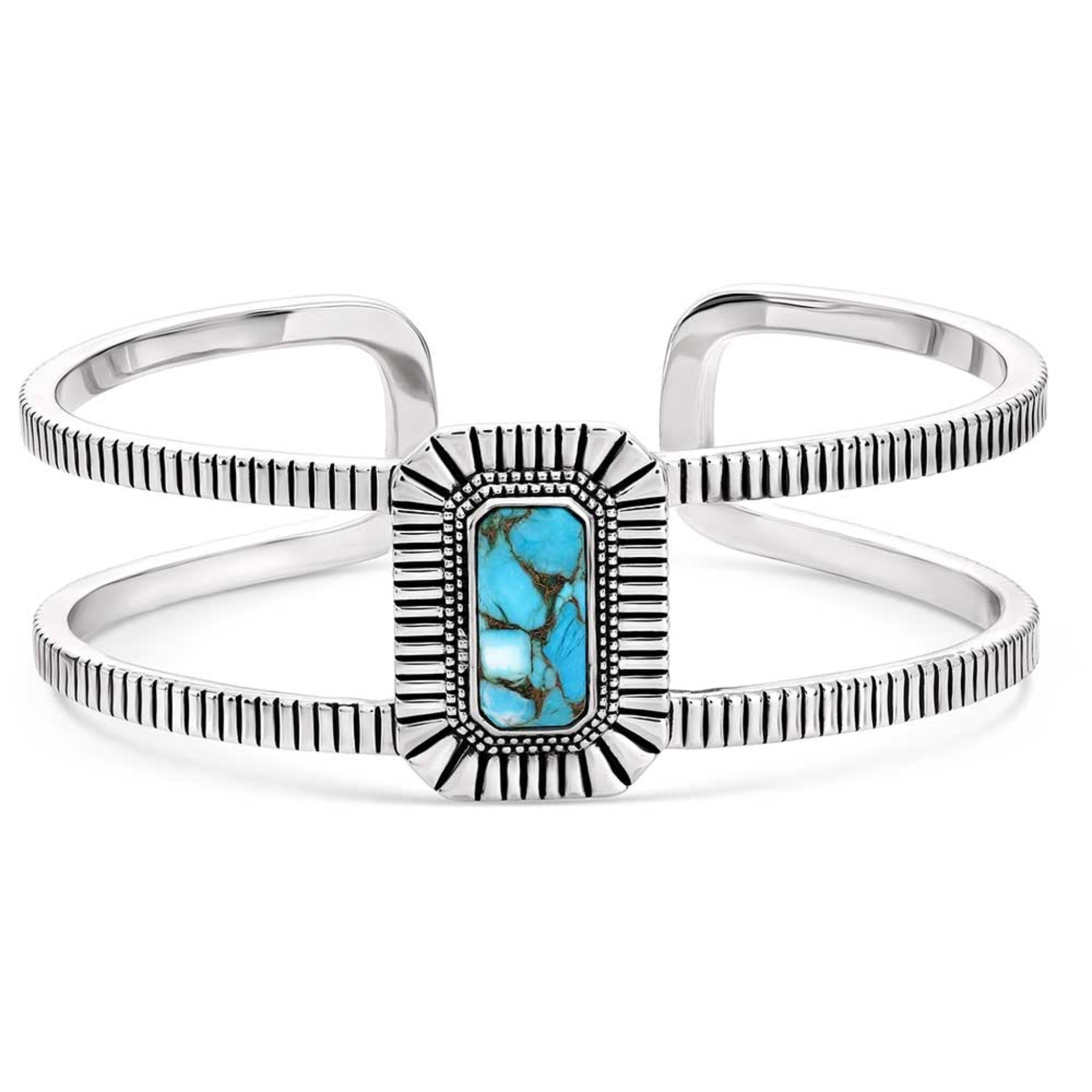 A silver-colored metal bracelet with a rectangular turquoise stone in the center