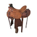 A brown Vickers Classic 191 wade seat saddle with rough out seat, pencil roll cantle and tooling.