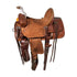 A brown Vickers Classic 170Y youth saddle with a rough out seat, pencil roll cantle, and synthetic wool.