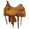 Vickers Classic 5102 Cutter Saddle with rough out seat, cheyenne roll, ornate tooling, round skirt, top grain fenders, bullhide tree, light oil finish, and 7" Gullet