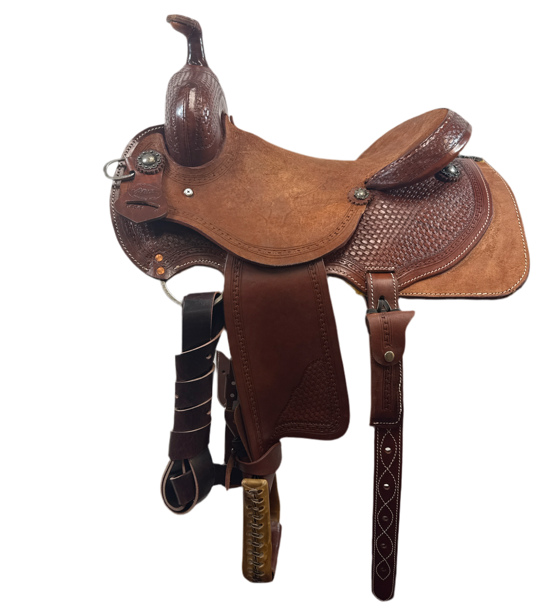 A brown Vickers Classic 19 ranch cutter saddle with tooling and a breast collar D rings and a rough out seat.