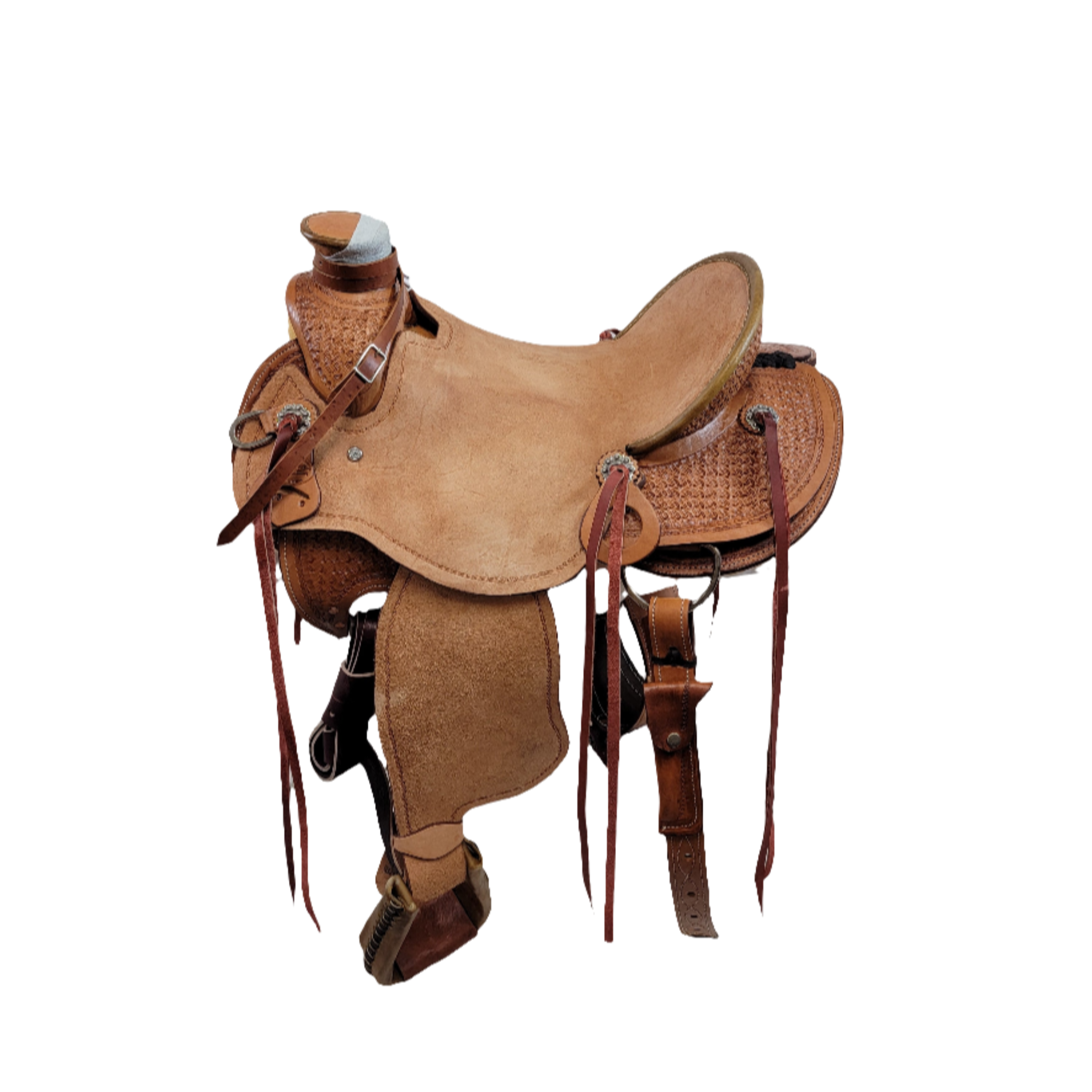 Vickers Classic 512 Wade Saddle with rough out seat, pencil roll cantle, ornate tooling, round skirt, rough out fenders, bull hide tree, light oil finish, and 7" gullet.  