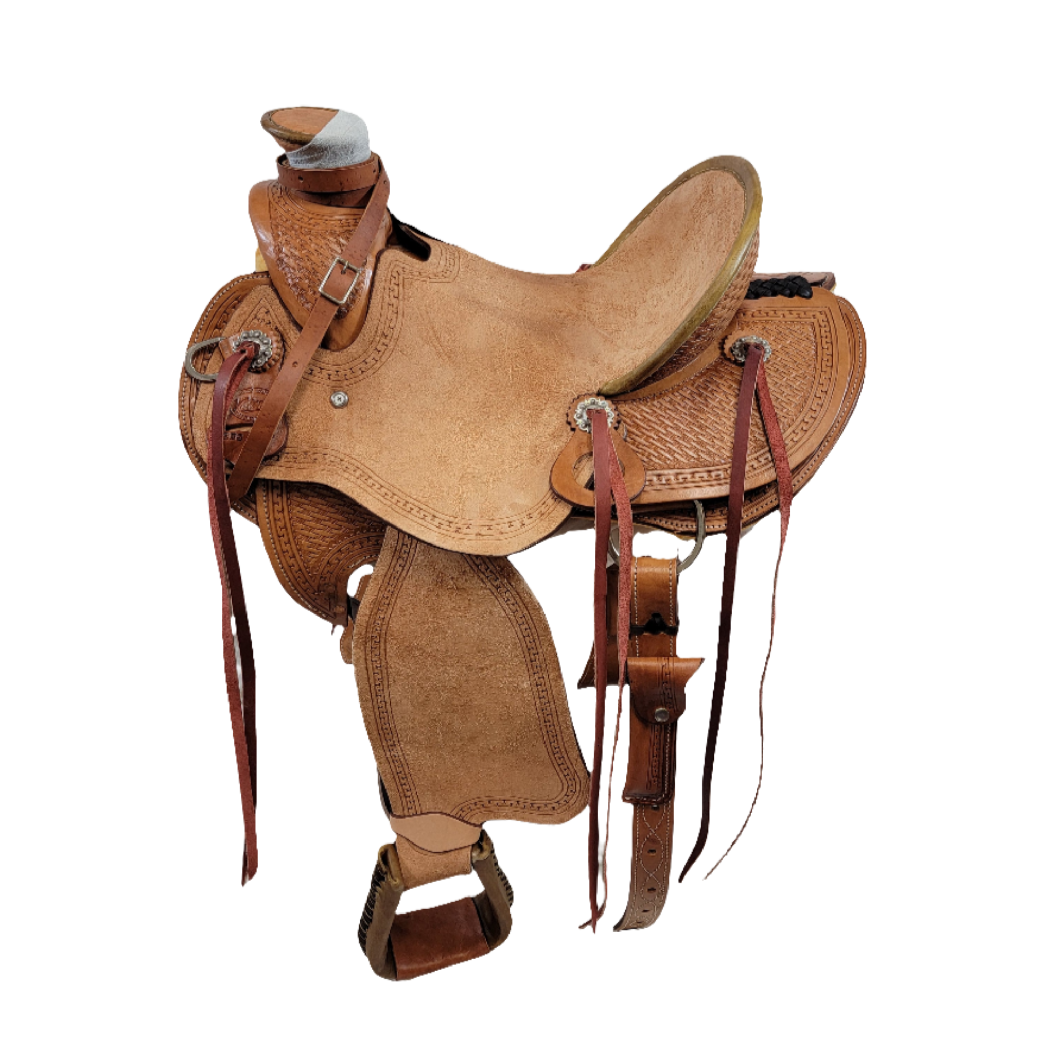 Vickers Classic 512 Wade saddle with rough out seat and fenders, ornate tooling, round skirt and 7" gullet.