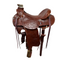 A brown Vickers Classic 512 Wade saddle with intricate tooling and a bull hide covered tree.