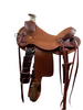 A brown Vickers Classic 512 Wade Youth saddle with tooling, rough out seat, and cheyenne roll cantle.