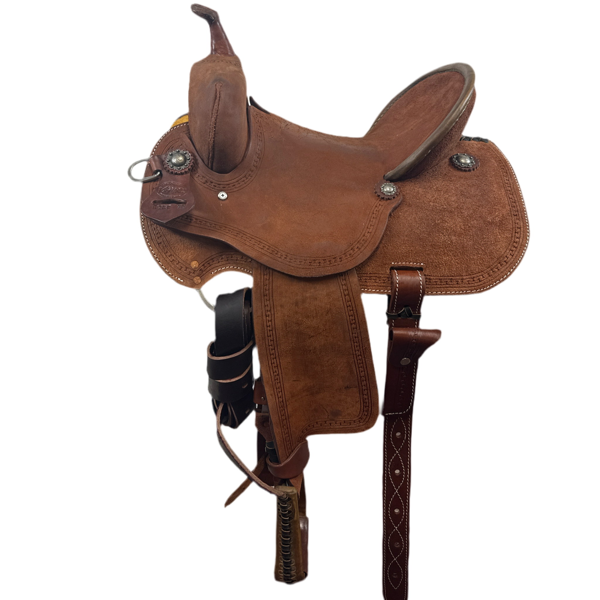 A brown leather Vickers Classic barrel saddle with a bull hide covered tree, tooling details, and a medium oil finish.