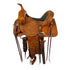 A brown Vickers Classic 5402 custom antique barrel saddle with black inlaid top grain cantle and floral tooling.
