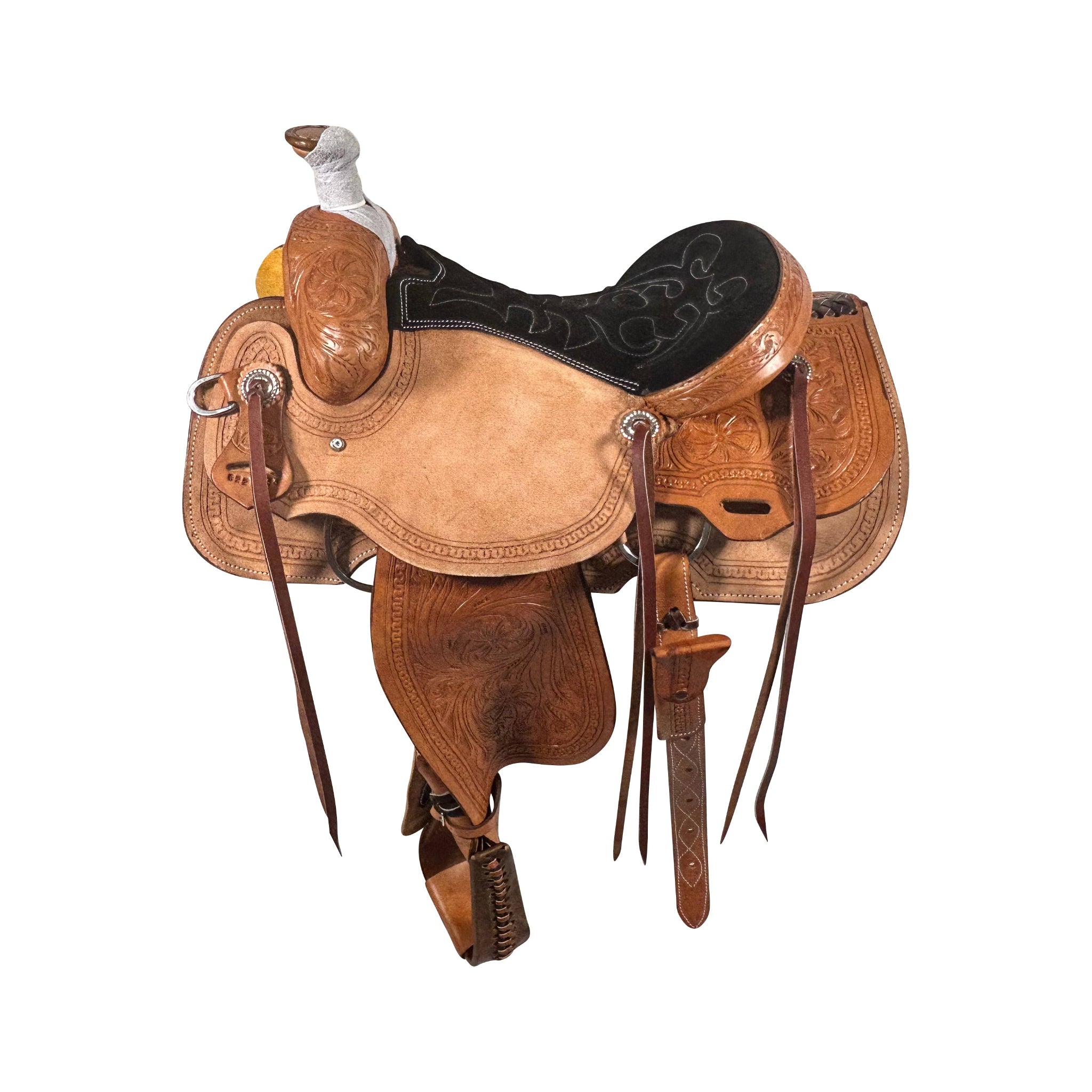 A Vickers Classic 131 calf roping saddle featuring a brown saddle with floral tooling, a black padded roughout seat, and tan accents.
