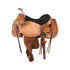 A Vickers Classic 131 calf roping saddle featuring a brown saddle with floral tooling, a black padded roughout seat, and tan accents.