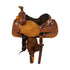 A brown padded Vickers Classic 29 team roping saddle with a rawhide lace oval basket and floral hand tool, featuring a barbed wire border and rough out stirrup fenders.