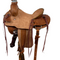 Vickers Classic 36 Will James Saddle with rough out seawt, 5" pencil roll cantle, ornate tooling, round skirt,  rough out fenders, bull hide tree, light oil finish,  hoof pick holder, hobble holder, 6 sets of strings, and 7" gullet. 