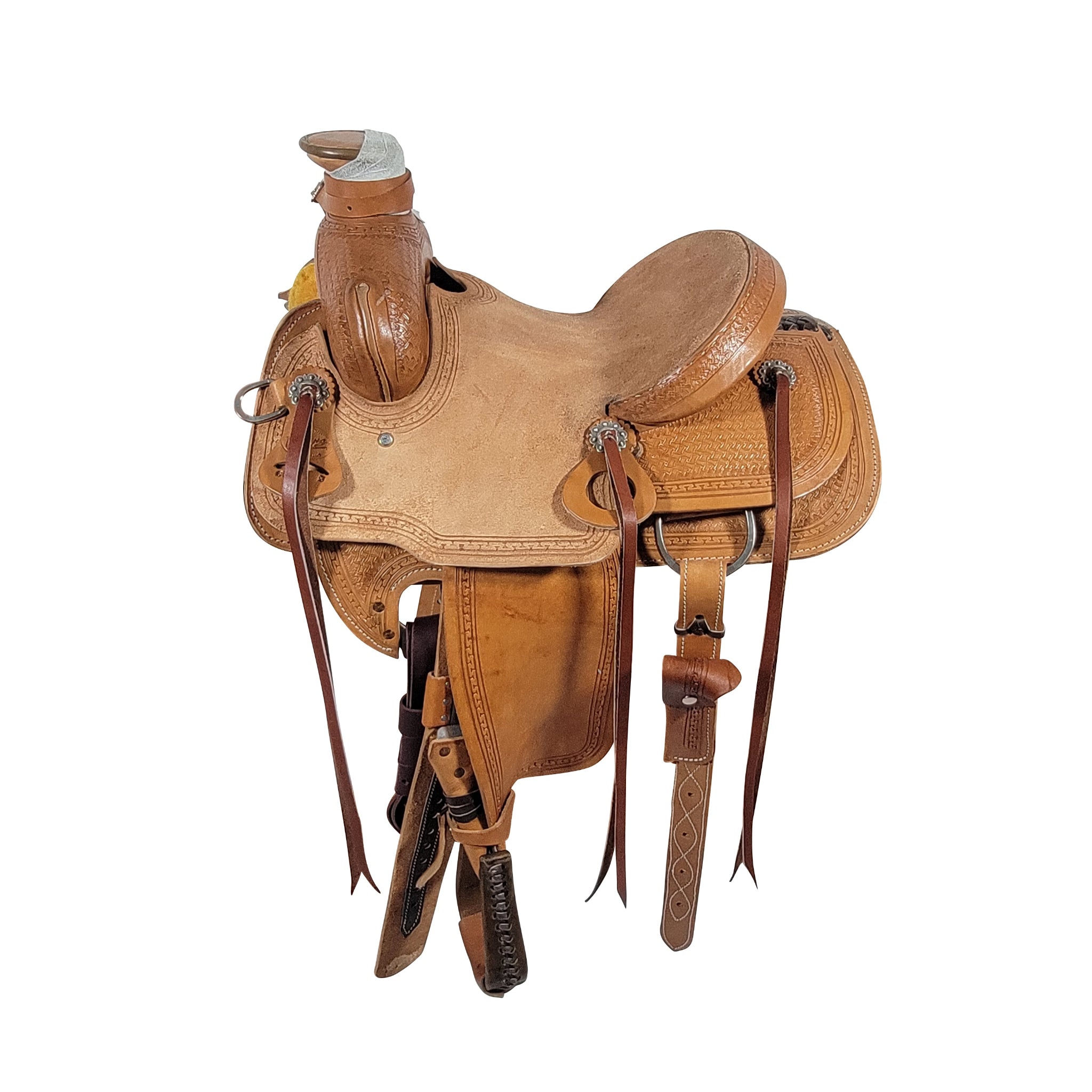 A Vickers Classic #171 saddle featuring a rough out seat,  and details characteristic of a traditional western saddle.