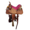 A youth barrel saddle with pink rough out padded seat and cheyenne roll tooling, featuring a square skirt with rounded corners 