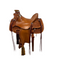 Wade Saddle  with a top grain leather seat, 5" pencil roll cantle,  floral tooling, round skirt, top grain fenders, bull hide tree, medium oil finish, and a 7" gullet.
