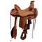 Brown leather saddle with intricate designs on a white background