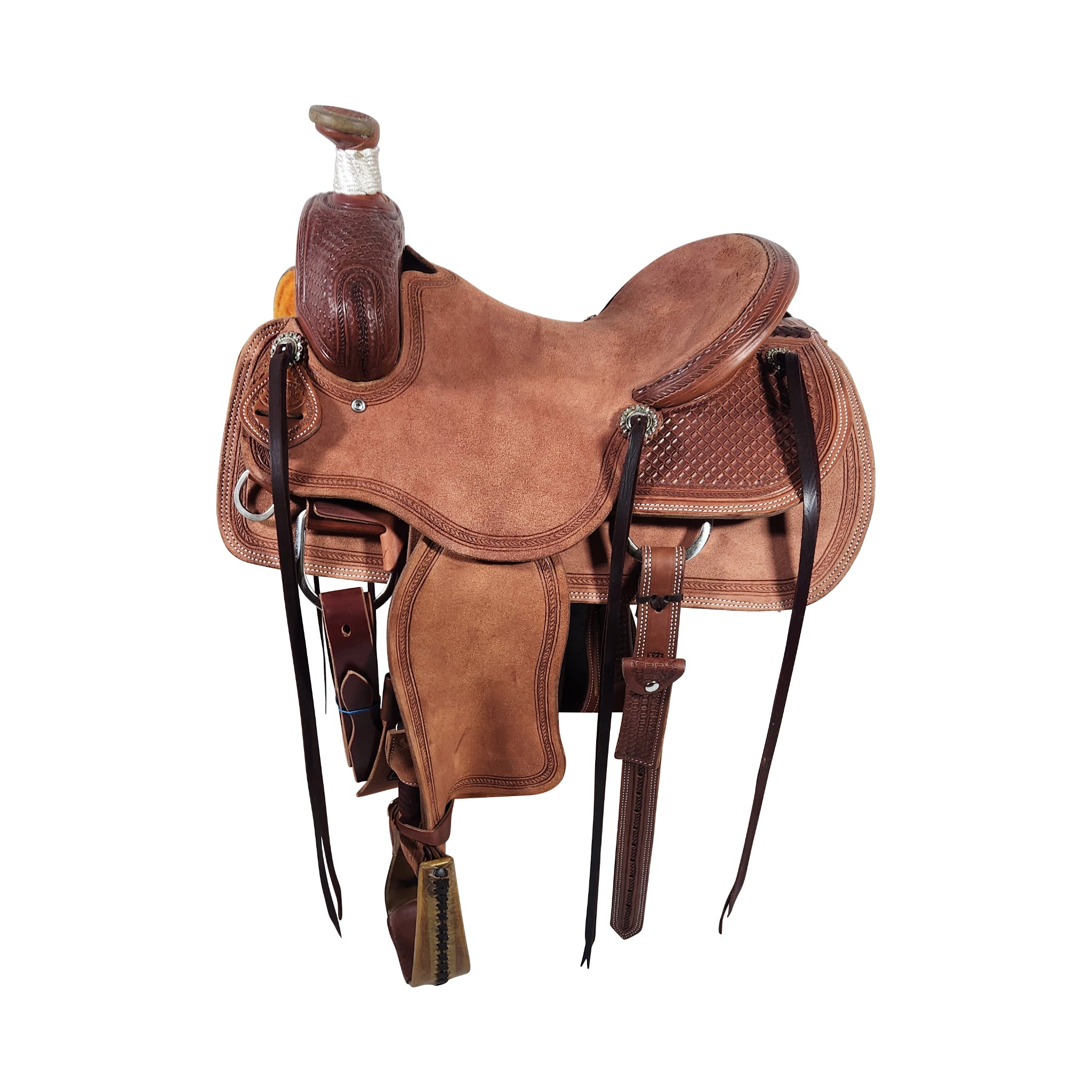 A Vickers Elite VE10 association saddle with tooling and a bull hide tree.