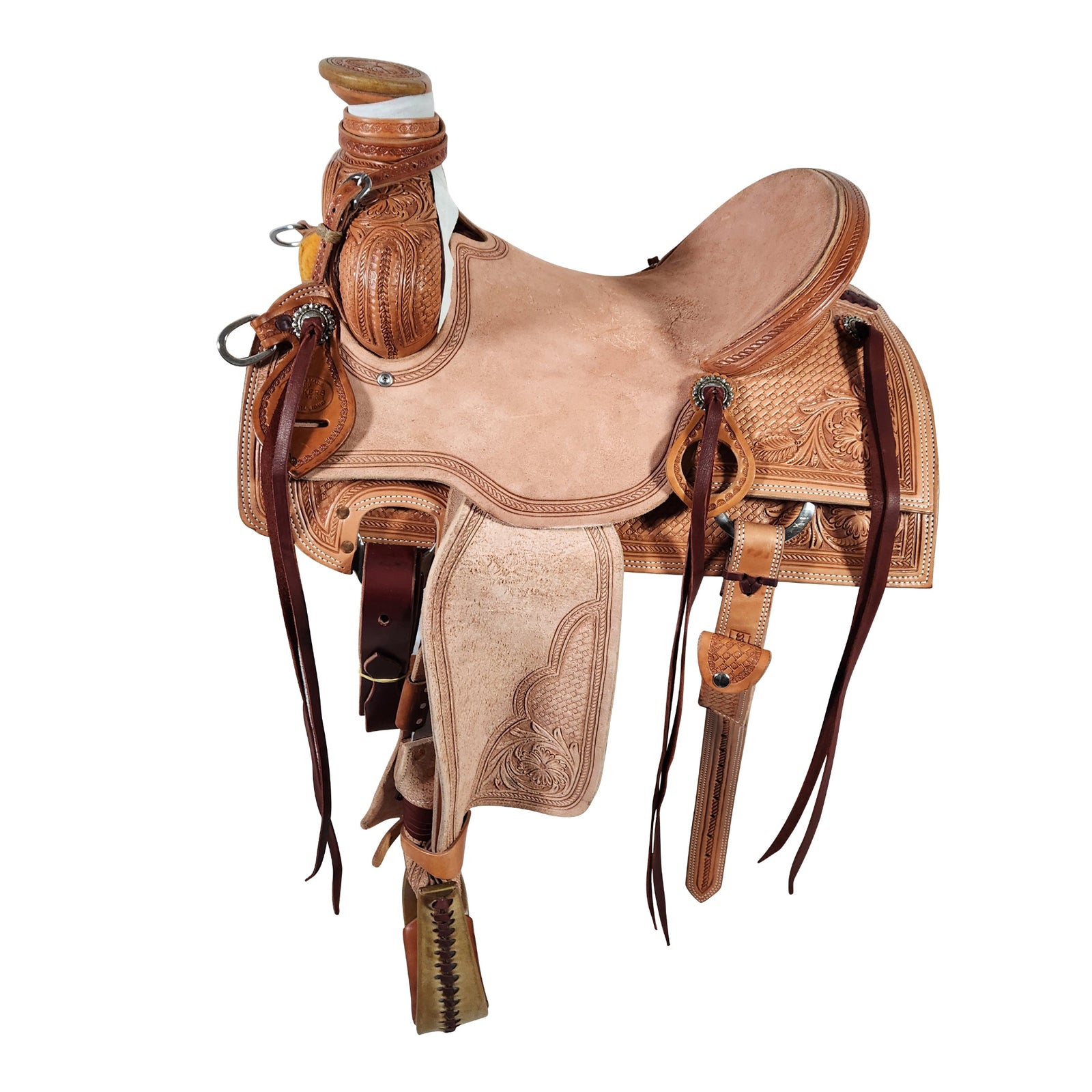 A Vickers Elite VE16 saddle with brown leather, and ornate tooling.